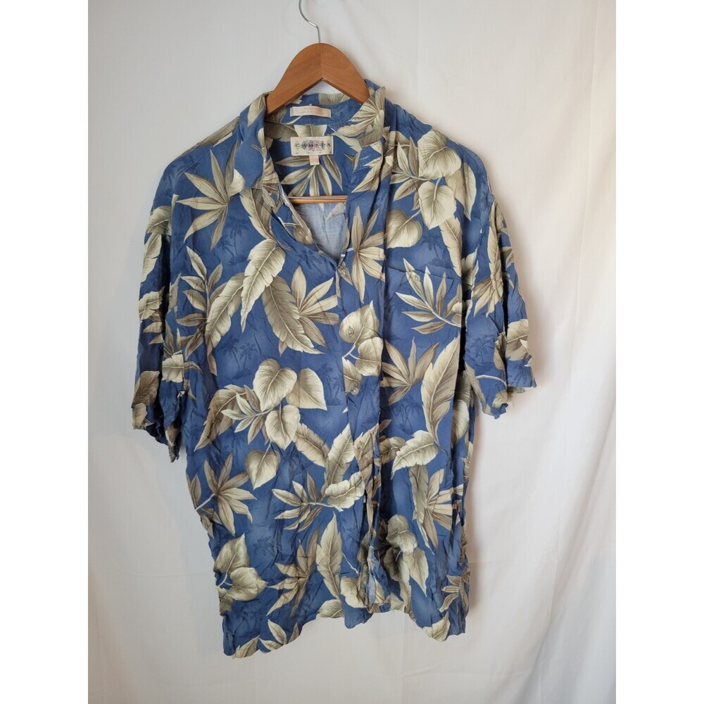 CAMPINA MODA Men's‎ XL Blue Tropical Leaf Rayon Button Down Hawaiian Shirt